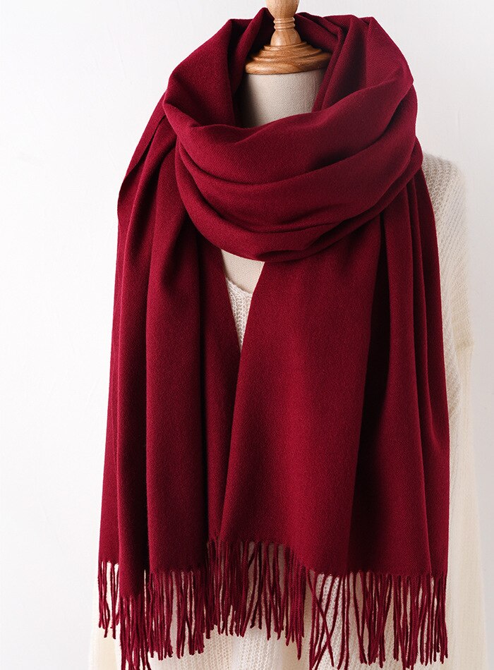 JulyPalette Solid Color Cashmere Scarf For Women Autumn Tassel Lady Long Shawls Pashmina Scarf Winter Warm Thicken Wool Scarves: Wine red