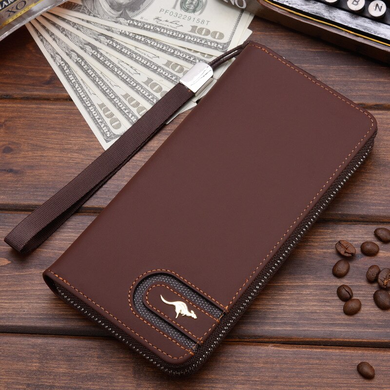 Men&#39;s Leather Wallet Zipper Long Purse Big Capacity Clutch Phone Bag Wrist Strap Coin Purse Card Holder For Male