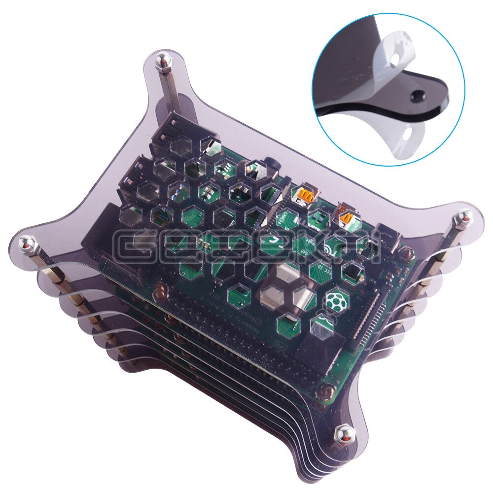 GeeekPi-boîtier en acrylique Transparent à 6 couches, clair/brun foncé, avec dissipateur thermique et tournevis pour Raspberry Pi 4 B / 3B + / 3B / 2B +