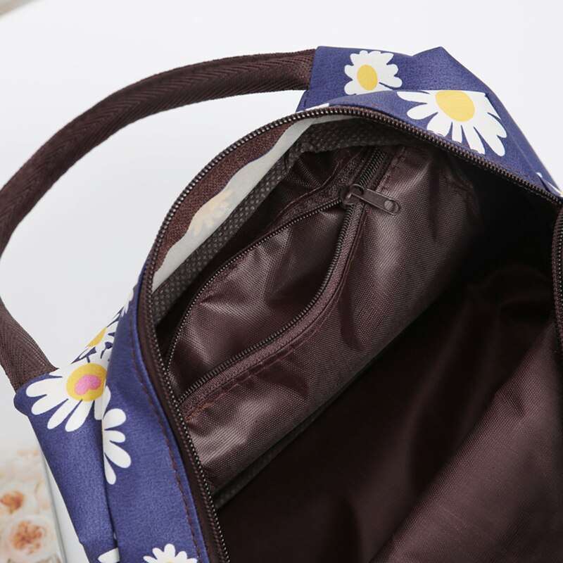 Bolsas de almuerzo para mujeres, lona funcional portátil, Impresión de flores blancas, aislamiento térmico, alimentos, Picnic, refrigerador para niños, fiambrera, bolsa de mano