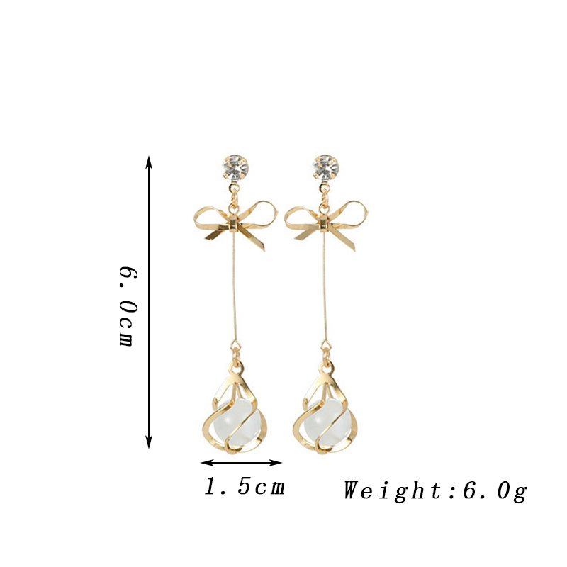 Trendy oorbellen met metalen frame en hangende opalen voor dames, gouden strass-steentjes, strikjes, lange sieraden voor bruiloften en feestjes.