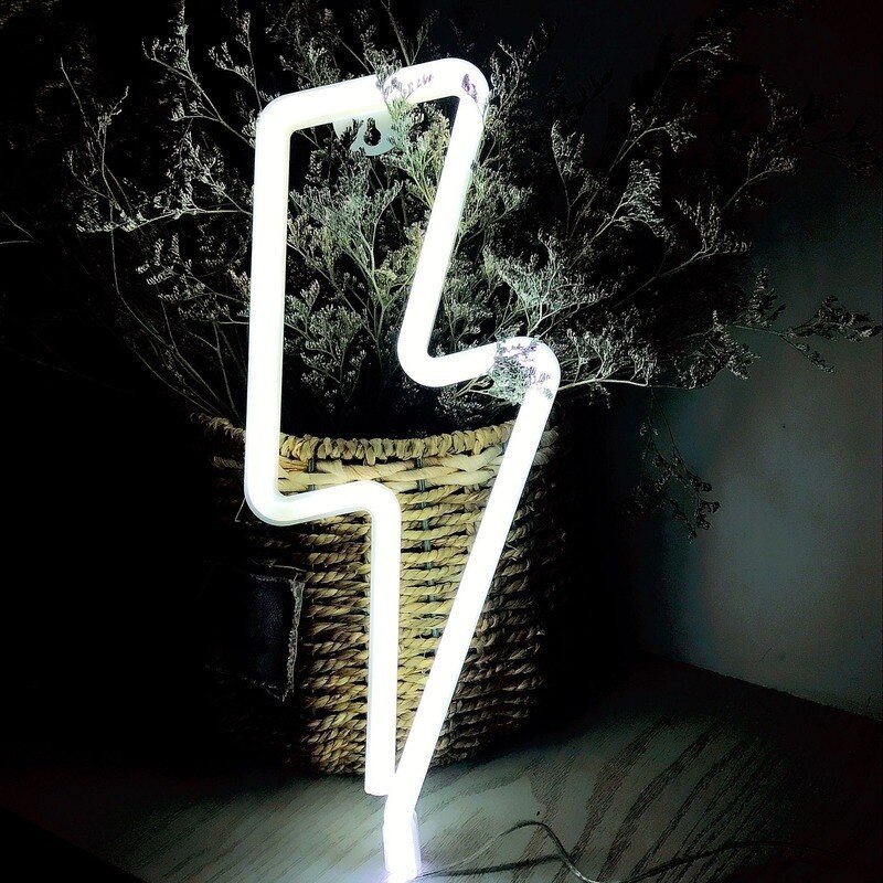 Señal de LED neón con forma de rayo, luz nocturna decorativa para mesa, USB funciona con pilas, para en casa, decoración de sala de estar,: Blanco