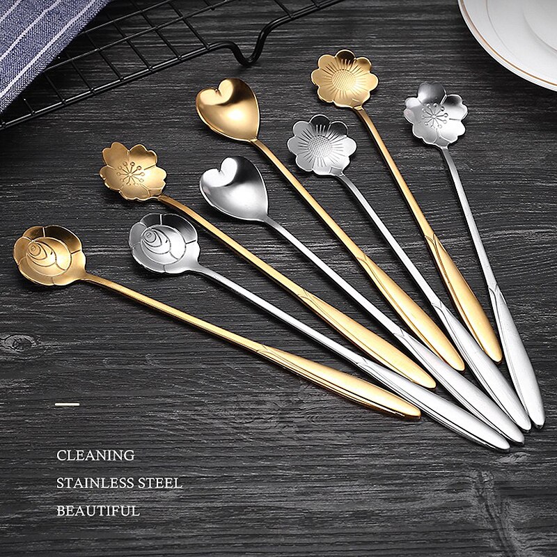 4Pcs Kirschblüten Edelstahl Löffel Vintage Metall Geschnitzte Kaffee Obst Dessert Tee Eis Löffel Küche Besteck
