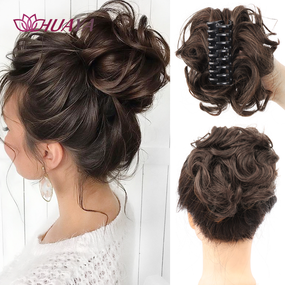 Moño de pelo sintético para mujer, moño desordenado, extensiones de cabello Updo despejadas con Clip de garra, horquillas rizadas, negro y marrón