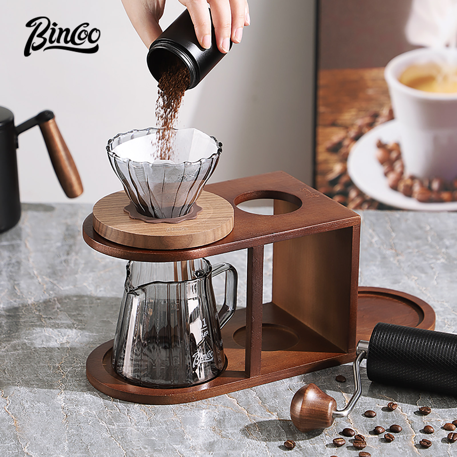 Bincoo rack de armazenamento de moedor de mão de grãos de café, armazenamento doméstico portátil, copo de filtro, suporte especial acessórios de café fabricado à mão