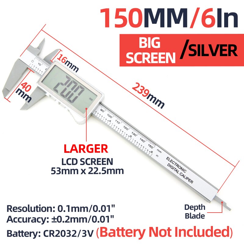 Pied à coulisse numérique électronique en plastique, Vernier, jauge d&#39;épaisseur, règle micrométrique, outils de mesure, Instrument, tachymètre: Big Screen Silver150