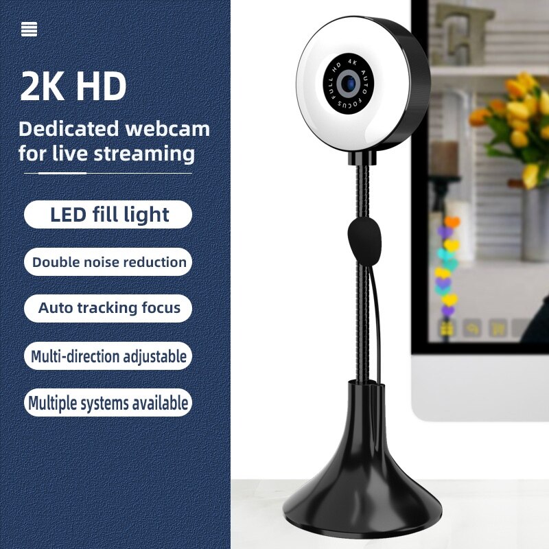Ful Hd Webcam Webcam Met Microfoon Voor Pc Laptop Computer Led Ring Licht Invullen Web Cam Voor Studie Conferentie