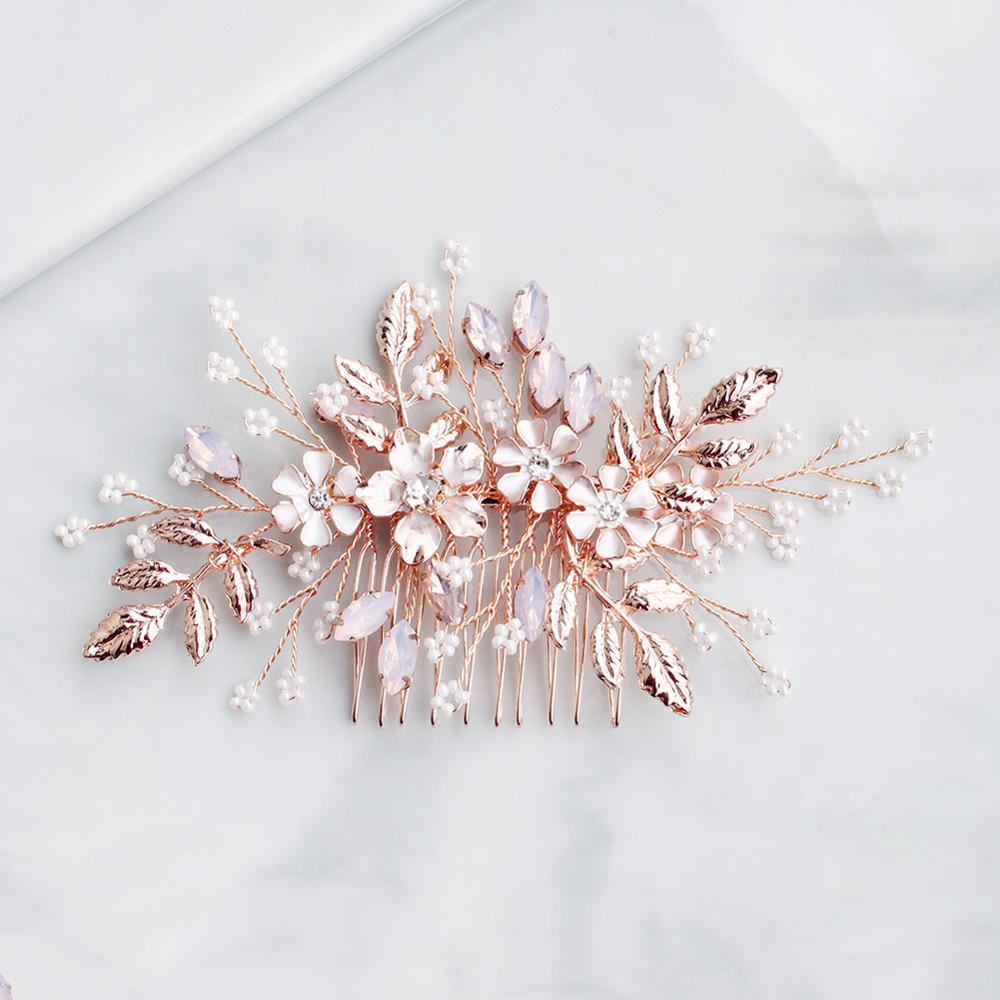 Women Flower Hair Combs Rose Gold Color Leaf Hair Jewelry Accessories Pink Crystal Wedding Hair Ornament For Bride