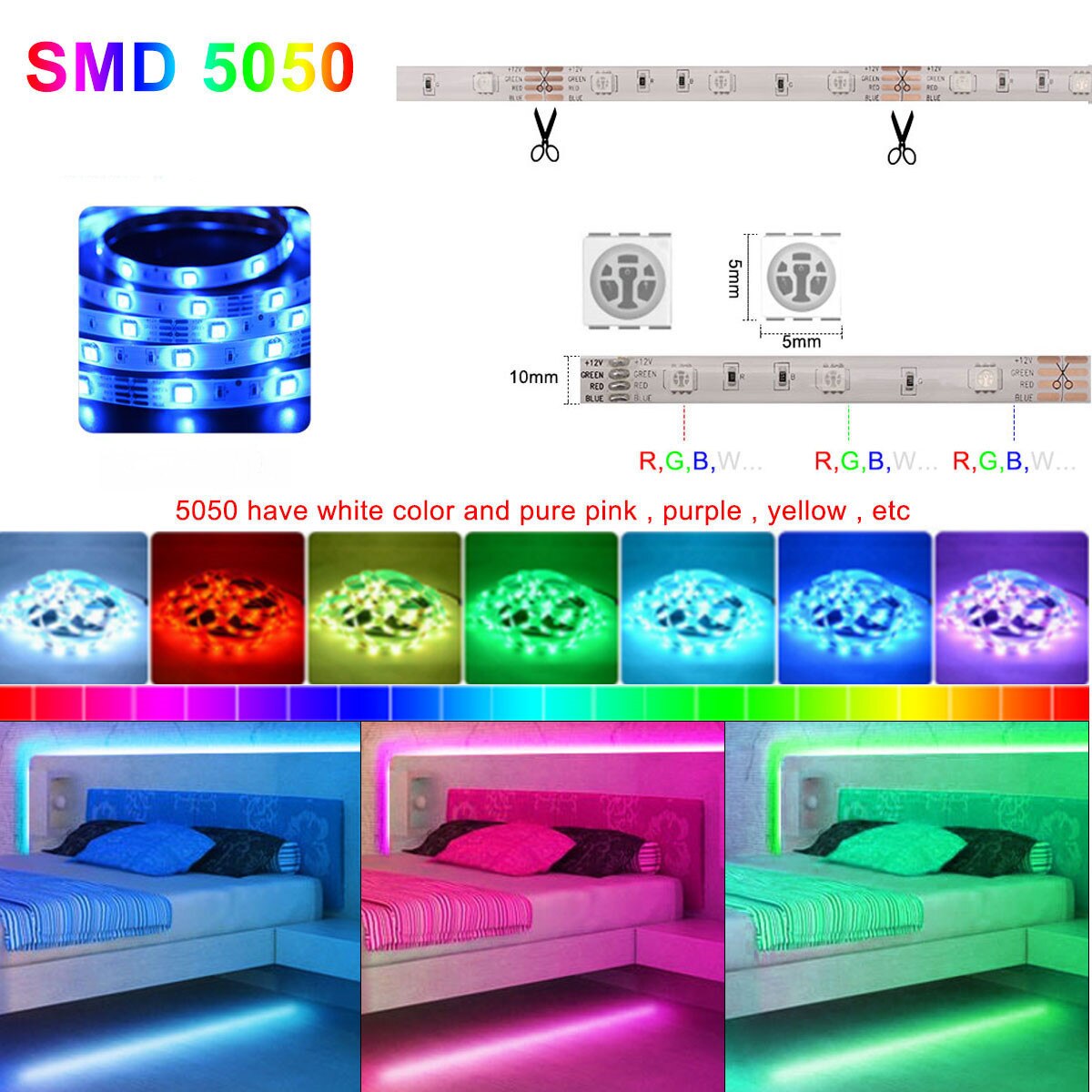 SMD 5050 LED Lights with Remote 44Keys Controller 12V led Strip for bedroom wall decoration Can be cut Flexible Ribbon Lighting