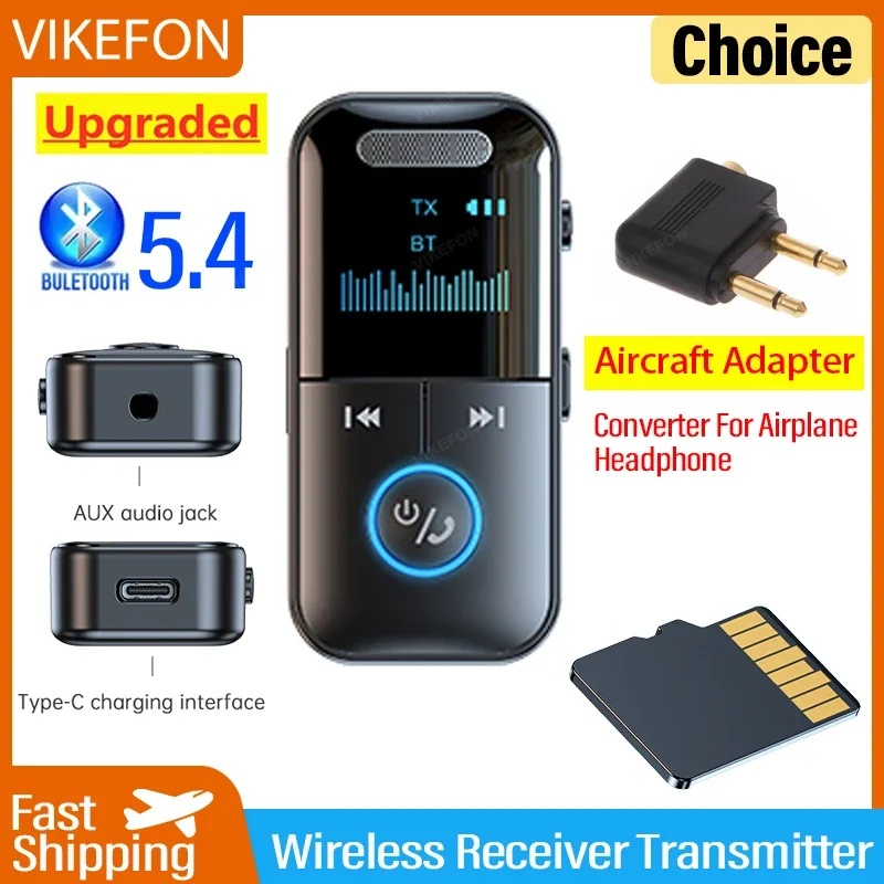 VIKEFON Bluetooth 5.4 Receiver Transmitter 3.5mm AUX TF Card Playback HiFi Wireless Audio Adapter With Mic LED Digital Display
