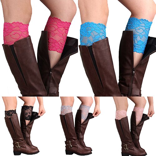 Women Girls Stretch Flower Lace Trim Boot Cuffs Leg Warmers Top Socks