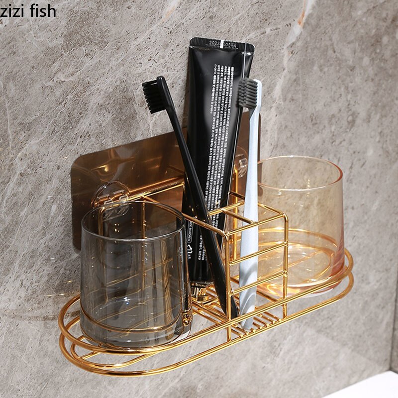 Whiskey Glass Mug Bathroom Tumbler Holders Wall Mount Tooth Brush Storage Rack Organizer Wall-mounted Free Punch Cup Holder