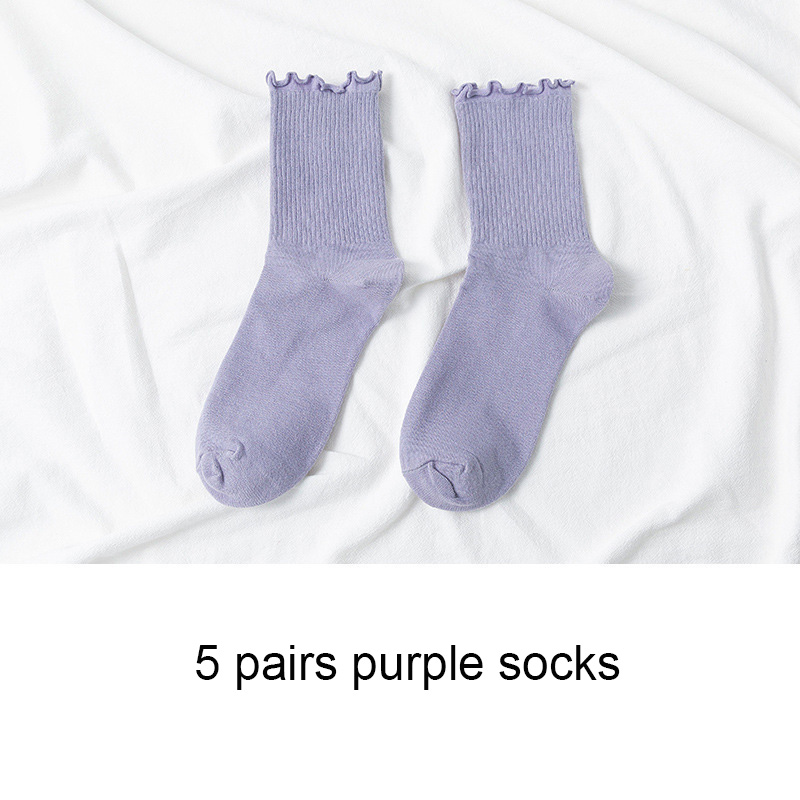 5 Pairs Women Cotton Ruffle Frilly Socks Black White Cute Autumn Winter Socks Solid color Soft Happy Girl Socks: G purple