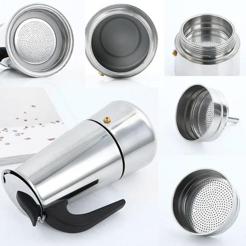 Cafetera tetera portátil 100/200/300/450ML placa encimera Mocha cafetera Moka cafetera de acero inoxidable para Pro Barista