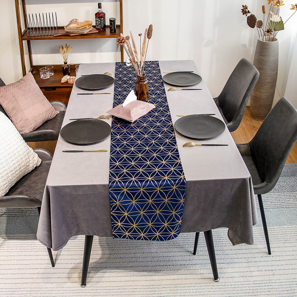 Nordic Velvet Table Runner Simple Modern Geometric Gray Navy Blue Table Runner Dining Table Decor