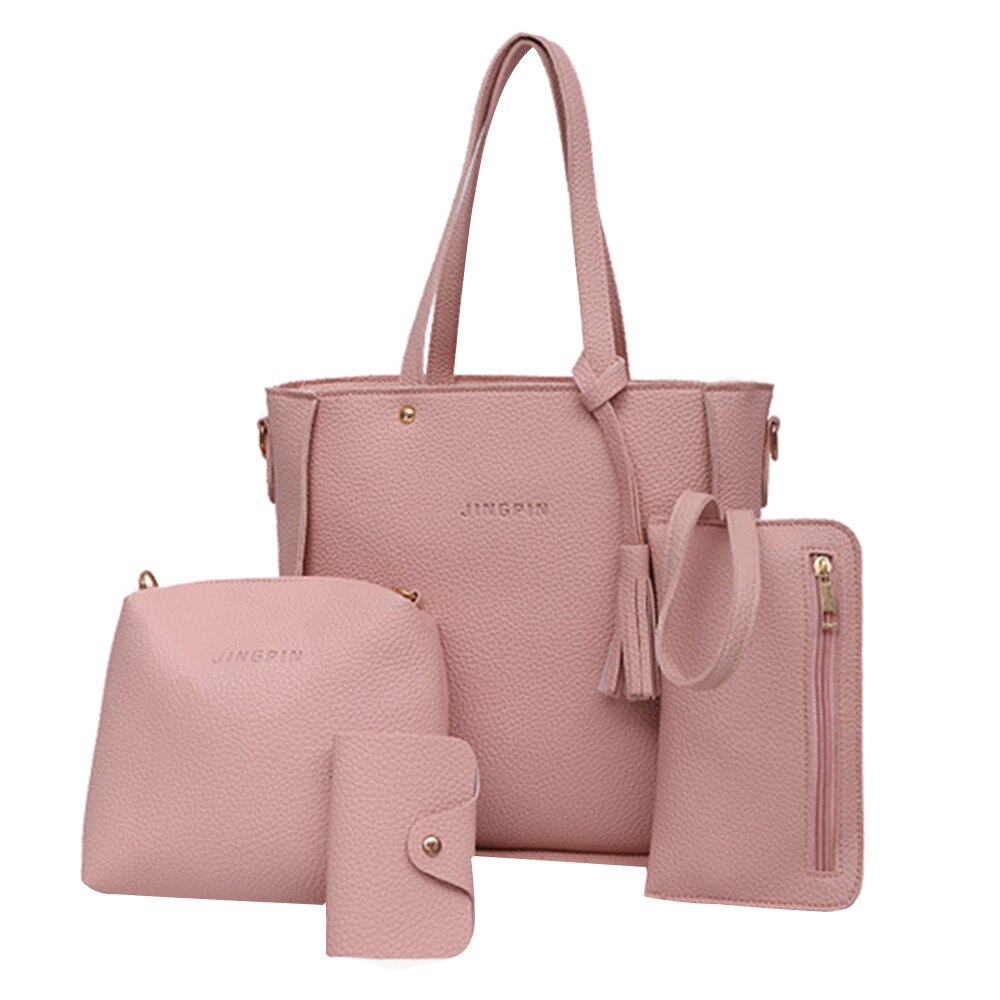 Women Bag Set Top-Handle Big Capacity Female Tassel Handbag Shoulder Bag Purse Ladies PU Leather Crossbody Bag #L10: Pink