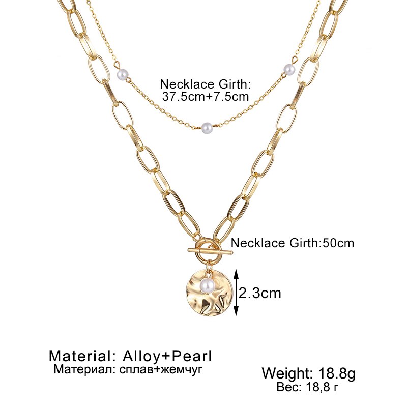 IPARAM Bohemian Multilayer Thick Chain Pendant Necklace Pearl Coin Geometric OT Buckle Necklace Jewelry