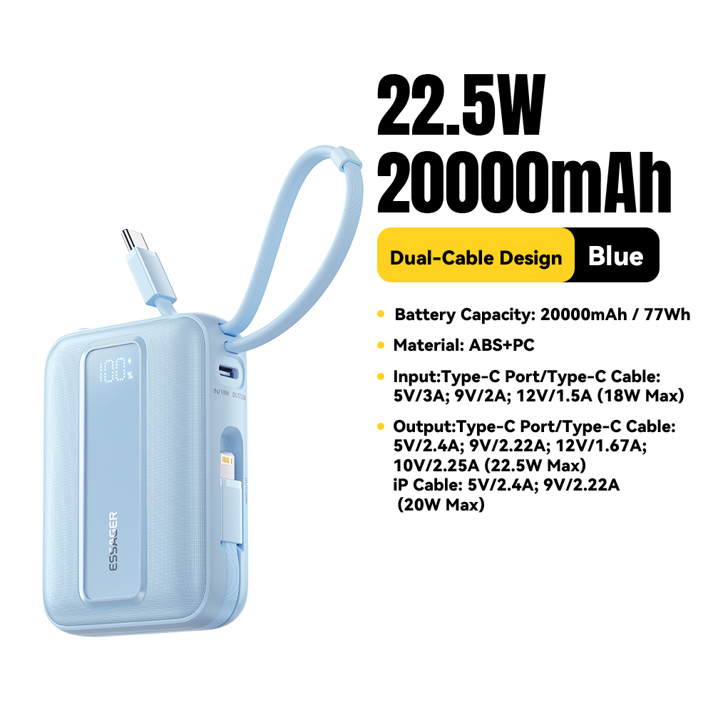Essager 20000mAh Power Bank PD22.5W Dual Cable Fast Charging Powerbank Portable External Battery Charger For iphone Huawei ipad: Blue / 20000mah