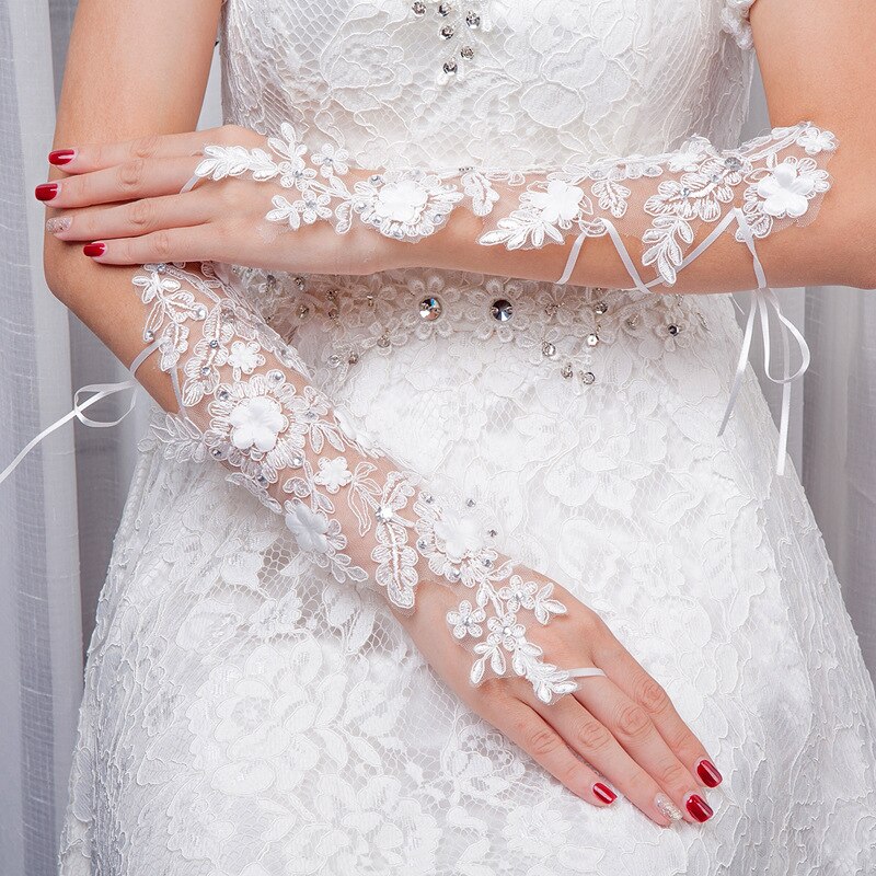 Fingerless Long Wedding Glove White Lace Appliques with Beaded Shiny Wedding Accessories Gloves for Bridal