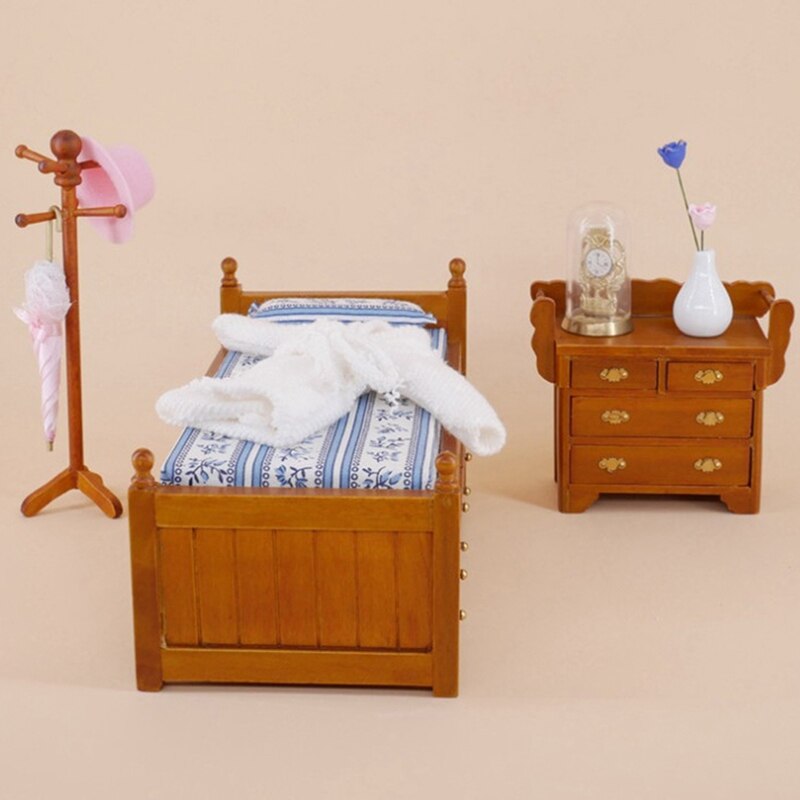 1Pc 1:12 Doll House Mini Furniture Wooden Bed Model Toy With Sliding Drawers