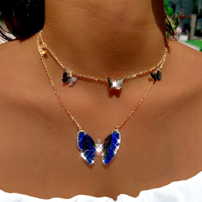 Flatfoosie Trendy Big Butterfly Crystal Pendant Necklace For Women Gold Silver Color Multi-layer Choker Necklace Hip-hop Jewelry