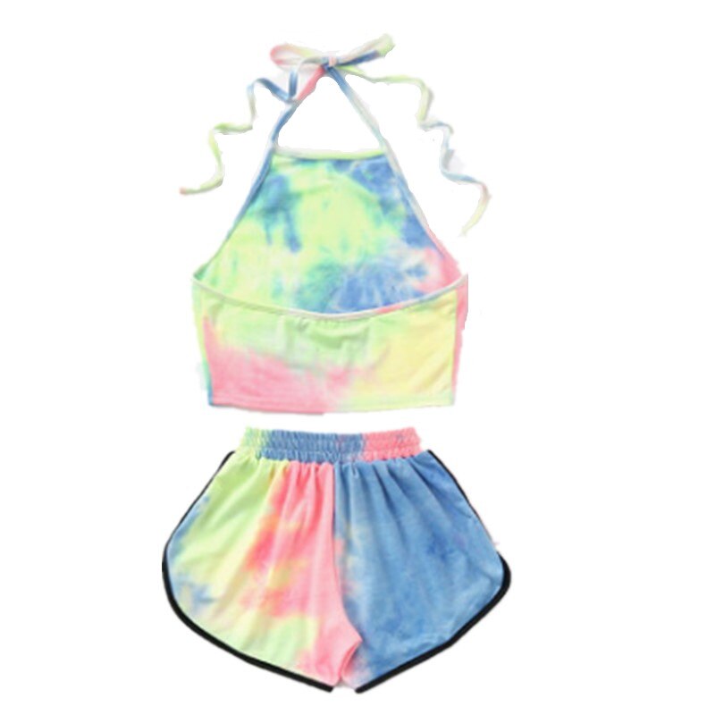 Deux pièces femmes ensembles Sexy à lacets cravate colorant imprimé hauts courts et élastique taille dégradé imprimé court costume ensembles WDC4428