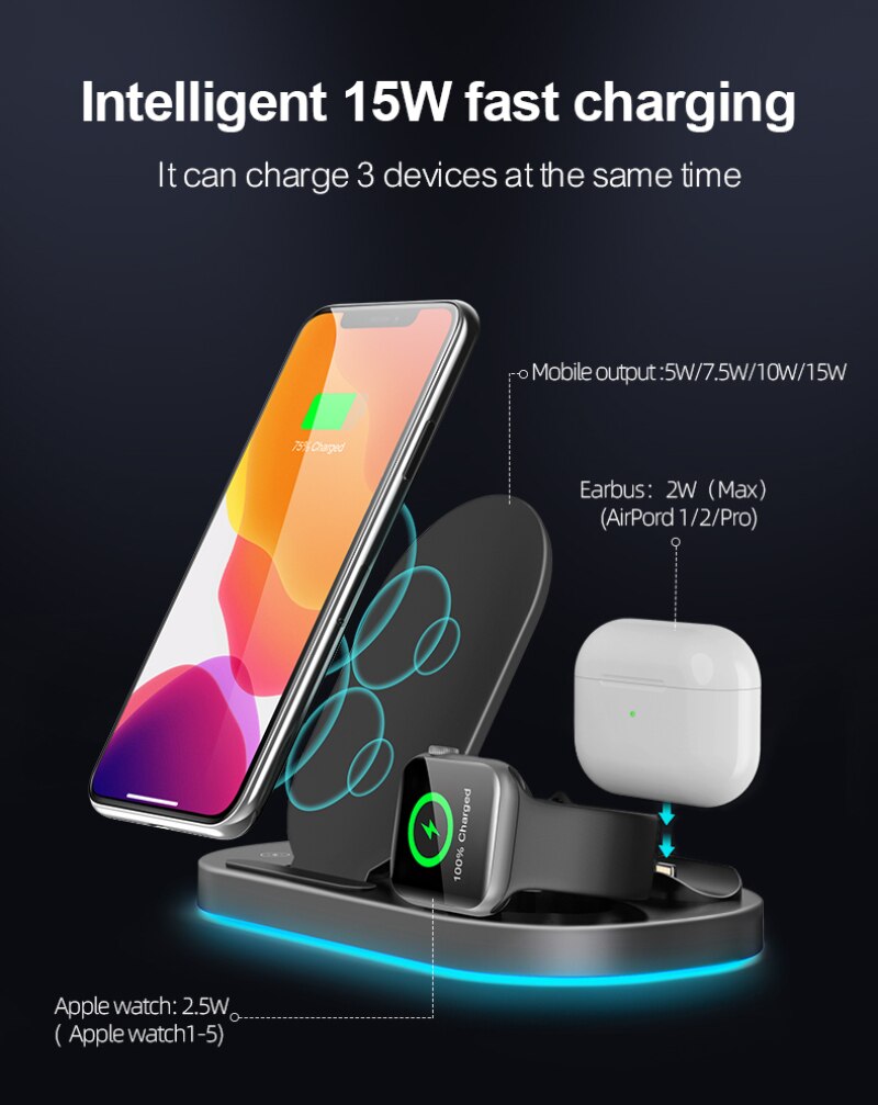 Z6 3 In 1 Foldable Wireless Quick Charging Station For Apple Watch IPhone 11 X XS 8 Airpods Pro 15W Qi Fast Charger Dock Stand