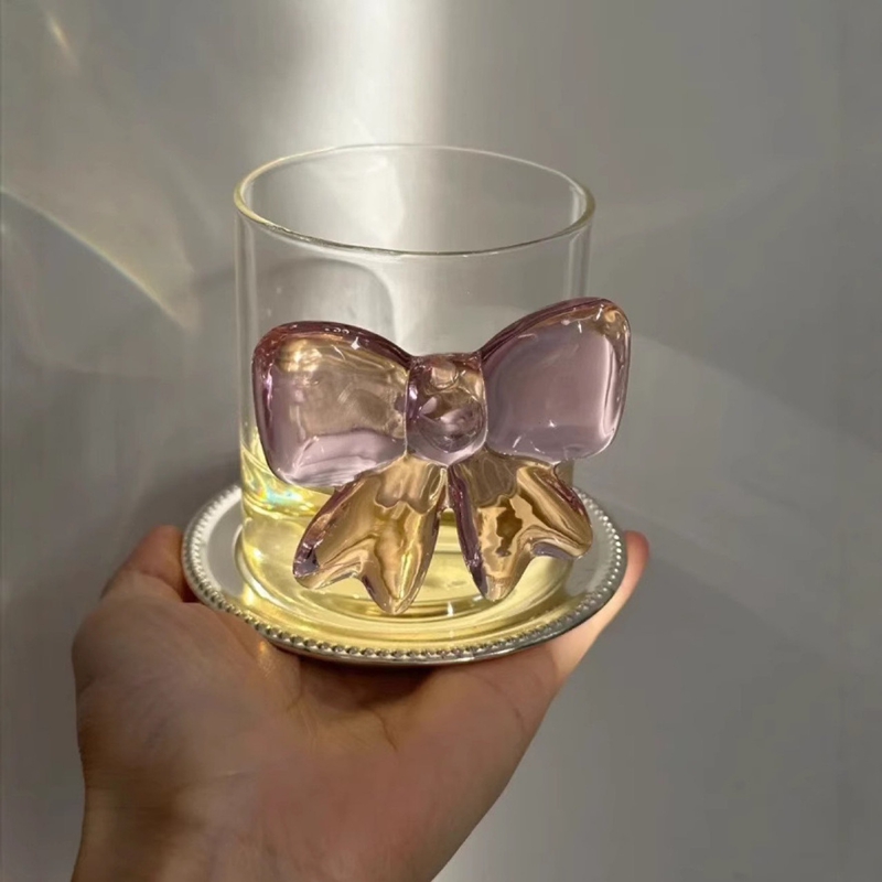 Verre à grand nœud rose, tasse en verre, poignée à nœud, lunettes résistantes à la chaleur, bol de crème glacée à Dessert à haute teneur en Borosilicate, de fête
