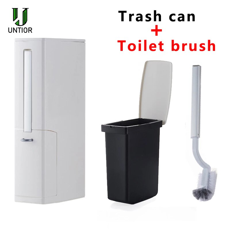 UNTIOR 3 in1 Narrow Trash Can Plastic Waste Bin with Toilet Brush Garbage Bucket Dustbin Kitchen Bathroom Cleaning Trash Bin