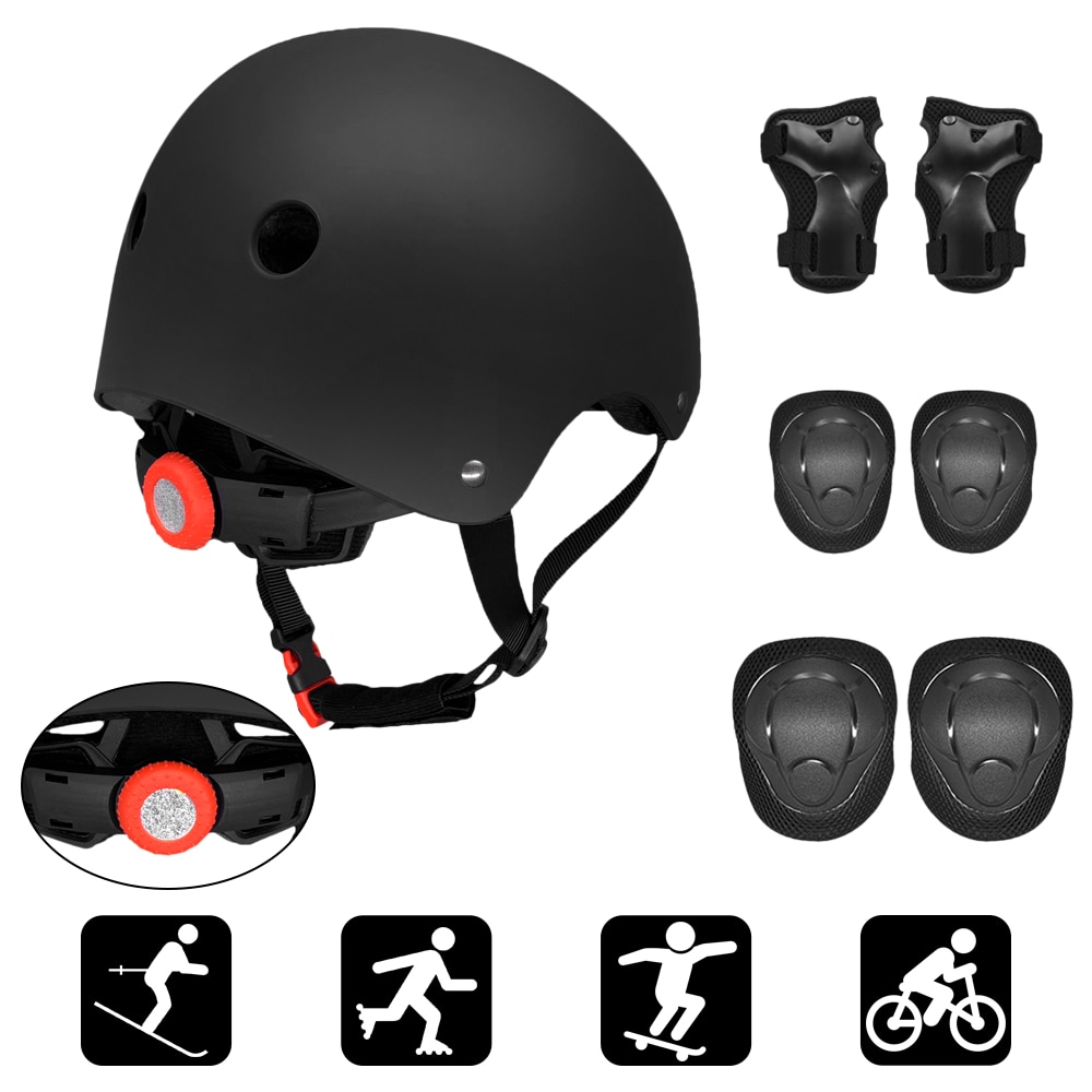 7 stk/ sæt børn knæ/albuebeskyttere beskyttende hjelm gear til skateboard cykel is inline rulleskøjtebeskytter scooter: Sort