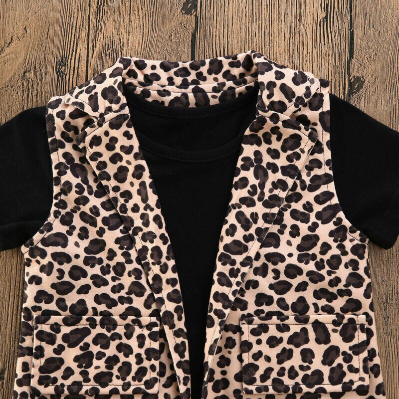 Barn baby flicka kläder leopard 3 st sommardräkter svarta toppar västar shorts barn flicka uppsättningar kläder 1-6y