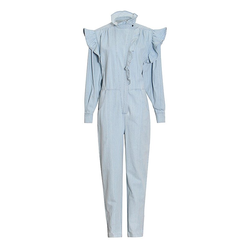 Twotwinstyle patchwork ruche jumpsuit voor vrouwen opstaande kraag lange mouwen wijde pijpen casual losse jumpsuits dames: Blauw / M
