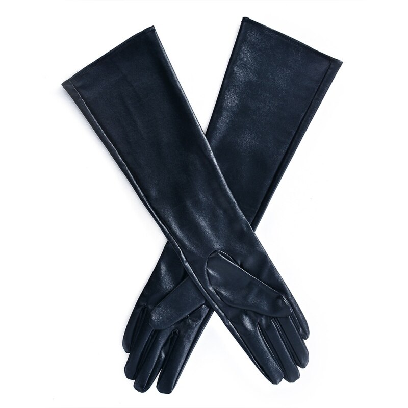 Women Faux Leather Long Gloves Full Fingers Winter Warm Gloves Outdoors Long Black Red