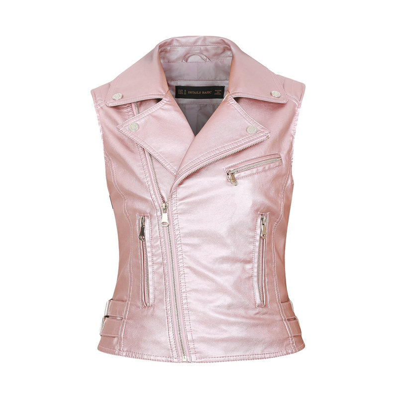 Kvinner motorsykkel pu imitert skinn ermeløse jakker dame turn-down krage belte glidelås vestlommer vest streetwear: M005 hot pink / S