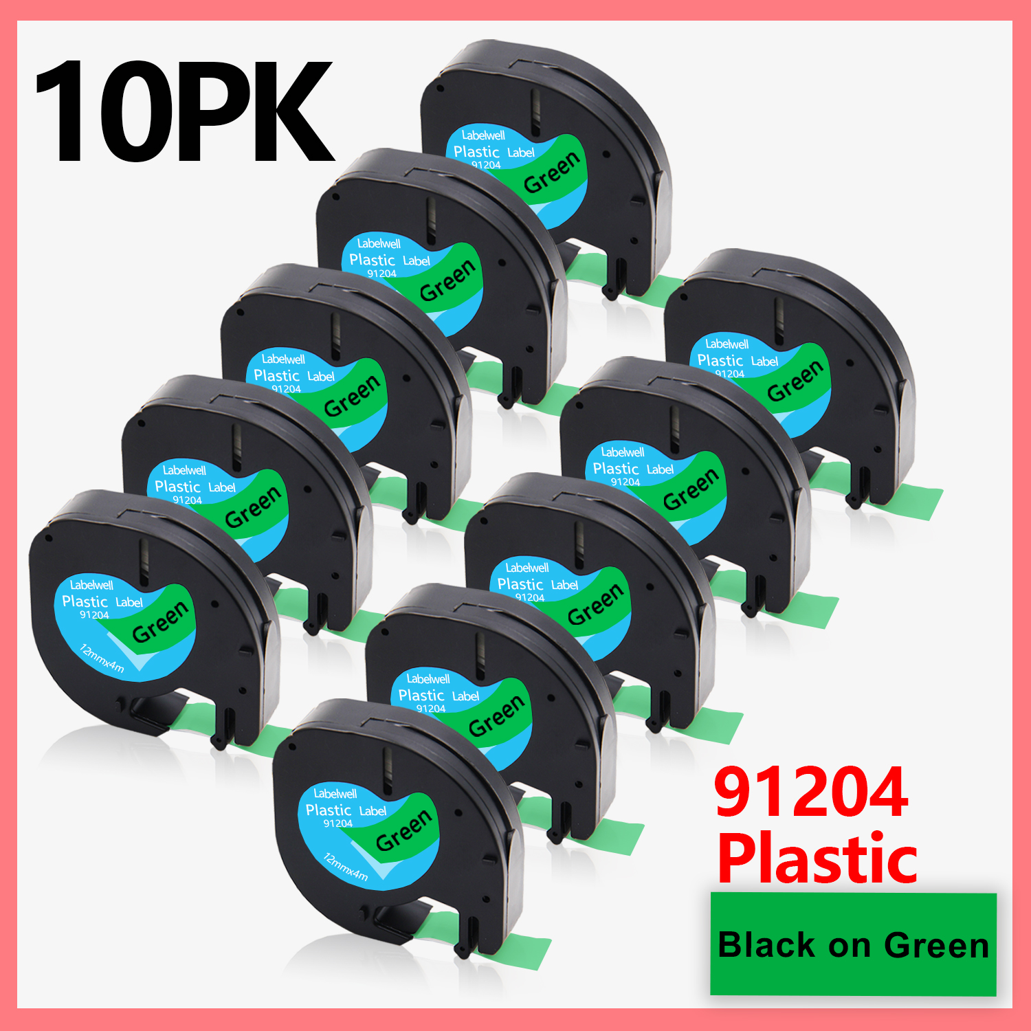 10PK Compatible Dymo LetraTag 91201 91202 12267 91200 91203 91204 91205 Plastic Label Tapes 12mm*4M for Dymo LT-100H LT-100T XR: 10PK Black on Green