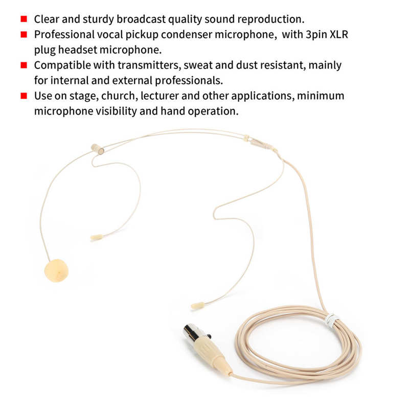Beige 3Pin Connector Headset Microphone with Capacitance Head for bodypack Transmitter Earhook Microphone