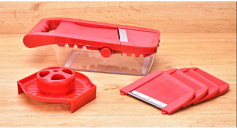 Mandolin grønnsaksskjærer gulrot rivjern julienne grønnsakshakker løkskjærer med 5 blader kjøkkentilbehør matlaging: Rød