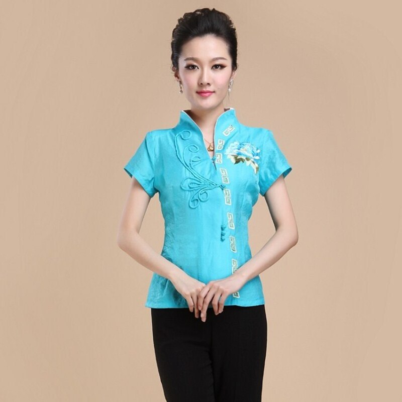 Hanfu tang pak dames top zomer ober thee kunstenaar werkkleding top zomer moeder korte mouw geborduurd opstaande kraag kleding: Blauw / 4xl