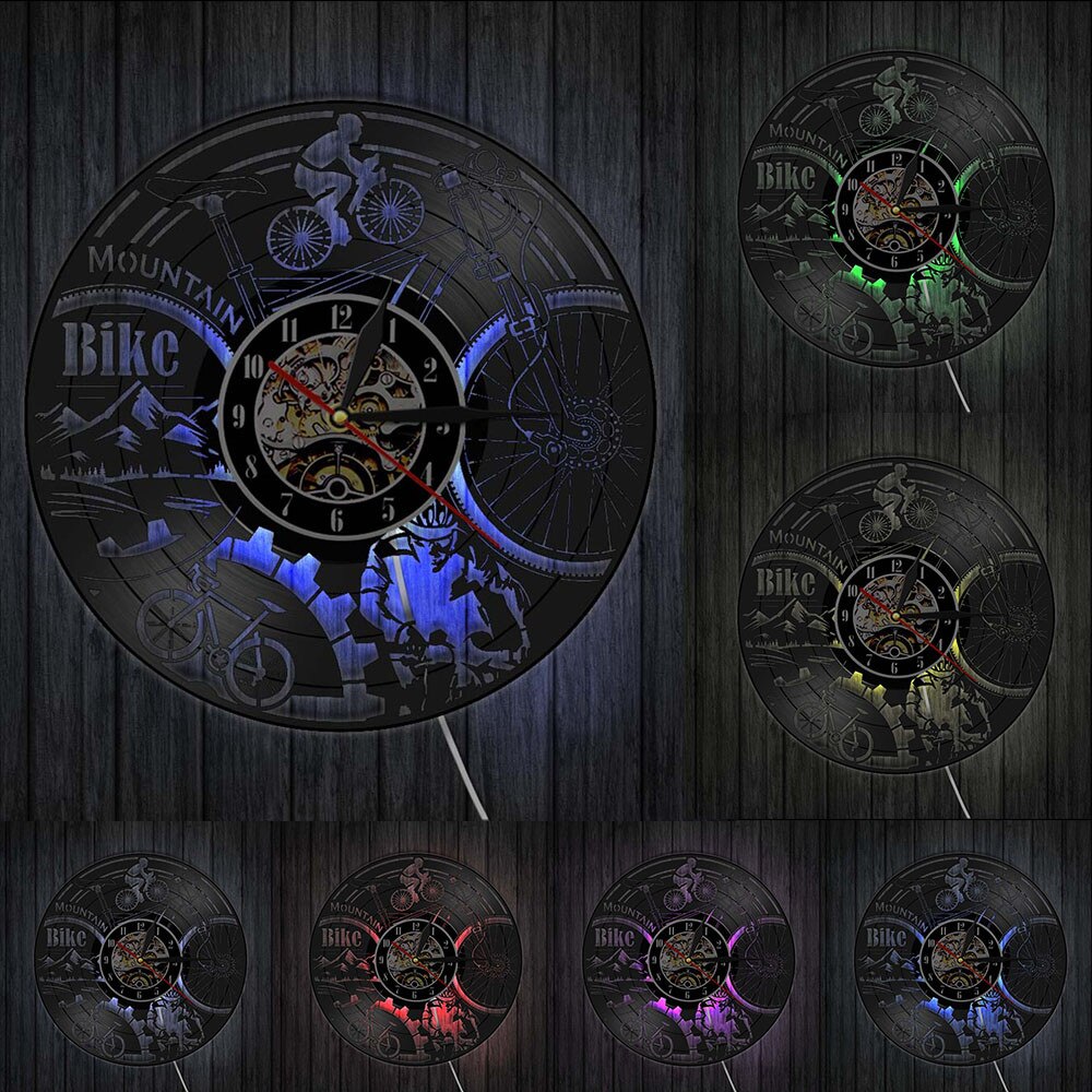 Mountain Biking 3D Deco LED Light Remote Control Adventure Bicycle Longplay Record Wall Clock Watch Vinyl Record Reloj Pared