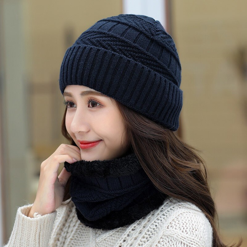 Gorro de invierno tejido, conjunto de bufanda, gorros gruesos de algodón para mujer, cuello, suave gorro de felpa que mantiene el calor para mujer: navy blue