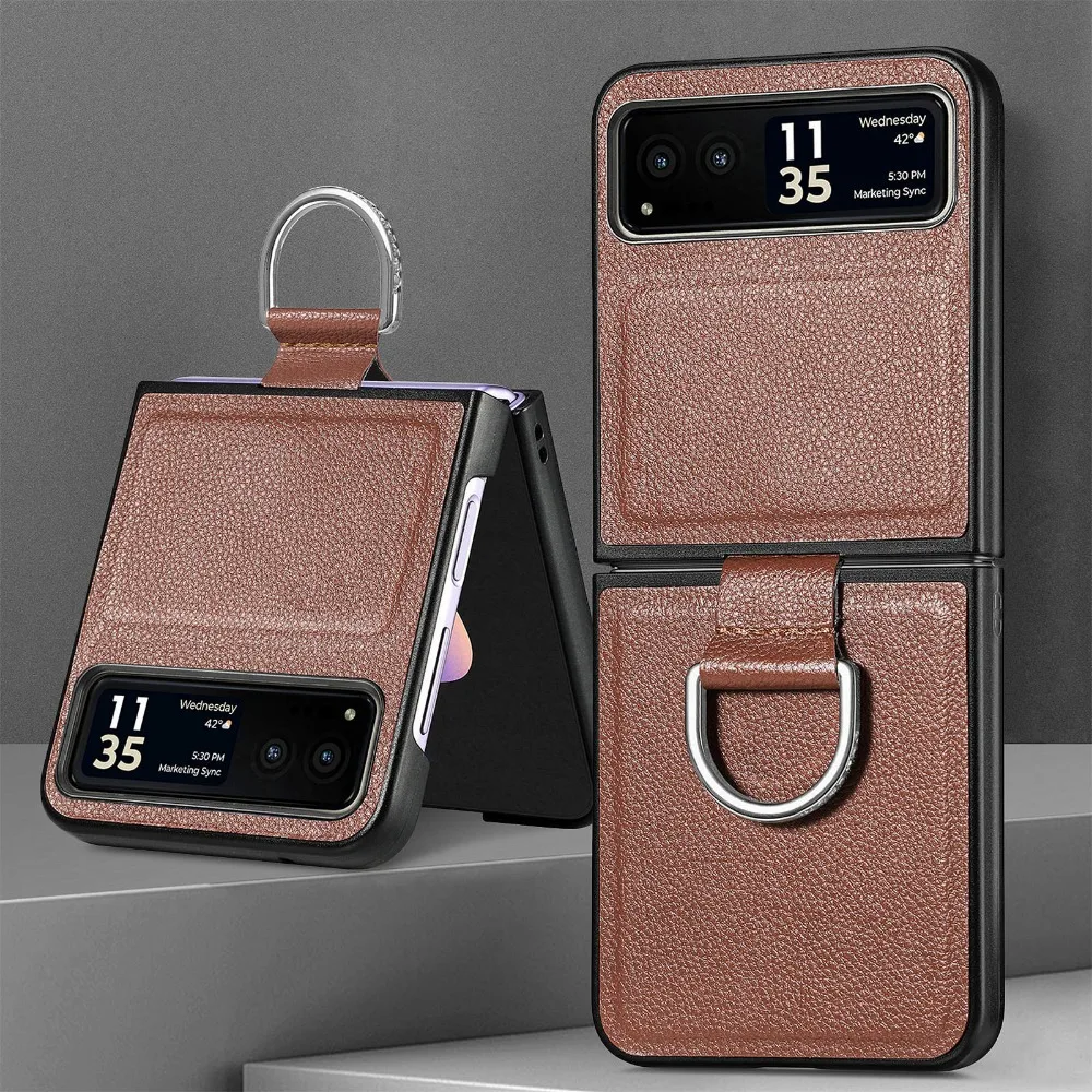 Capa de telefone luxuosa de couro pu para motorola moto razr 60 50 40 ultra com anel padrão de lichia pu tela dobrável capa protetora traseira: Marrom / Razr 50 Motorola