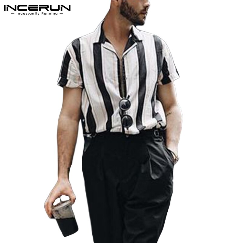 Men Striped Shirt Turn Down Collar Short Sleeve Casual Tops Streetwear Zipper Summer Breathable Camisas 5XL INCERUN