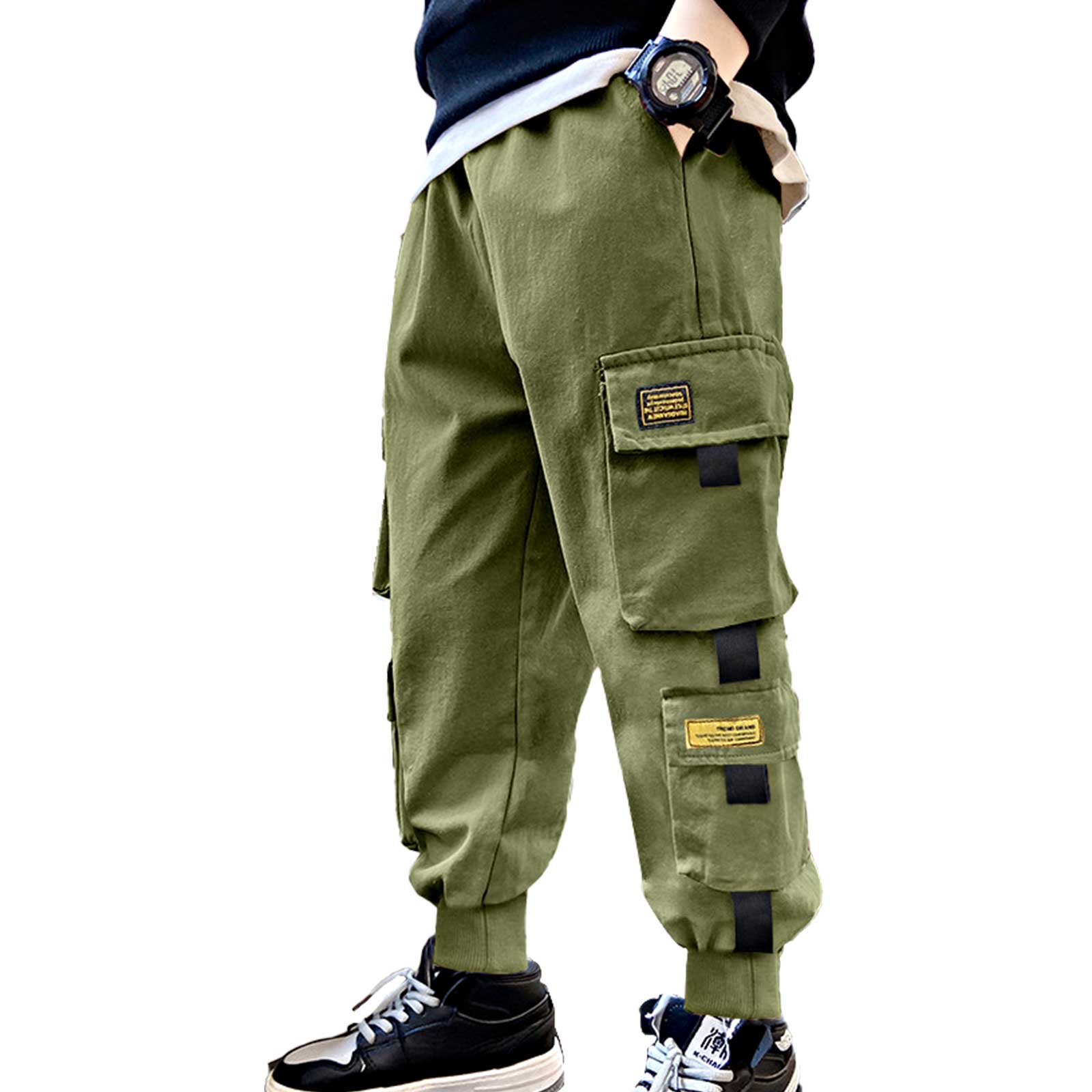 Pantalones Cargo de para niños, ropa de calle negra de chándal, Hip-Hop, con múltiples bolsillos, informal, 6, 8, 10, 12 años: Green / 160