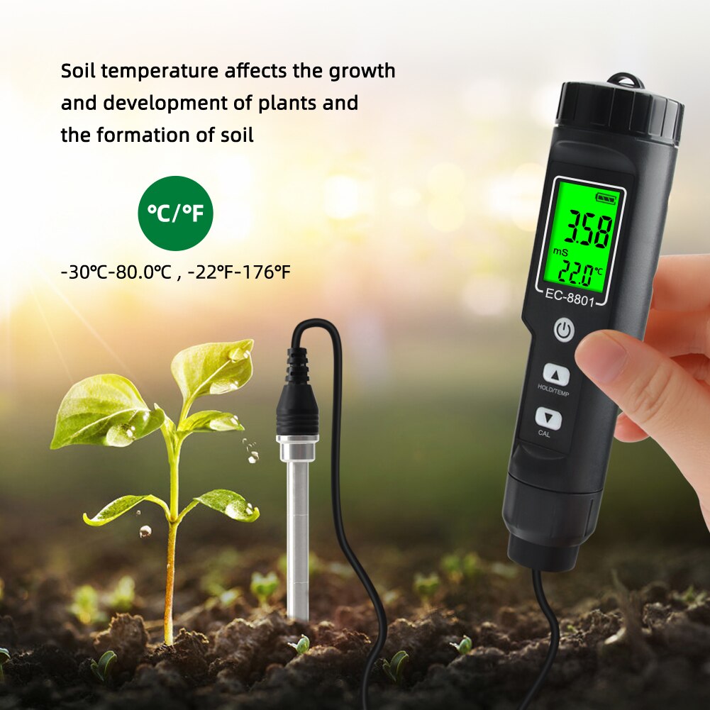 Portable Digital EC/Temperature Soil Tester Meter Farm Measurement Backlit Display Removable Electrode Waterproof Test Planting