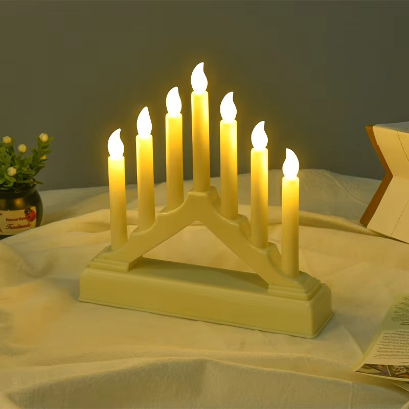 Electric wood Menorah, LED Candlestick 7 branchs, Jewish Sabbath Hanukkah Table Decoration: green