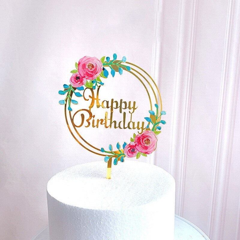 Merry Christmas Cake Sign Topper Acrylic Cake Card Inserting Party Cake Decoration Xmas Plug-in Party Supplies: Pink flowers