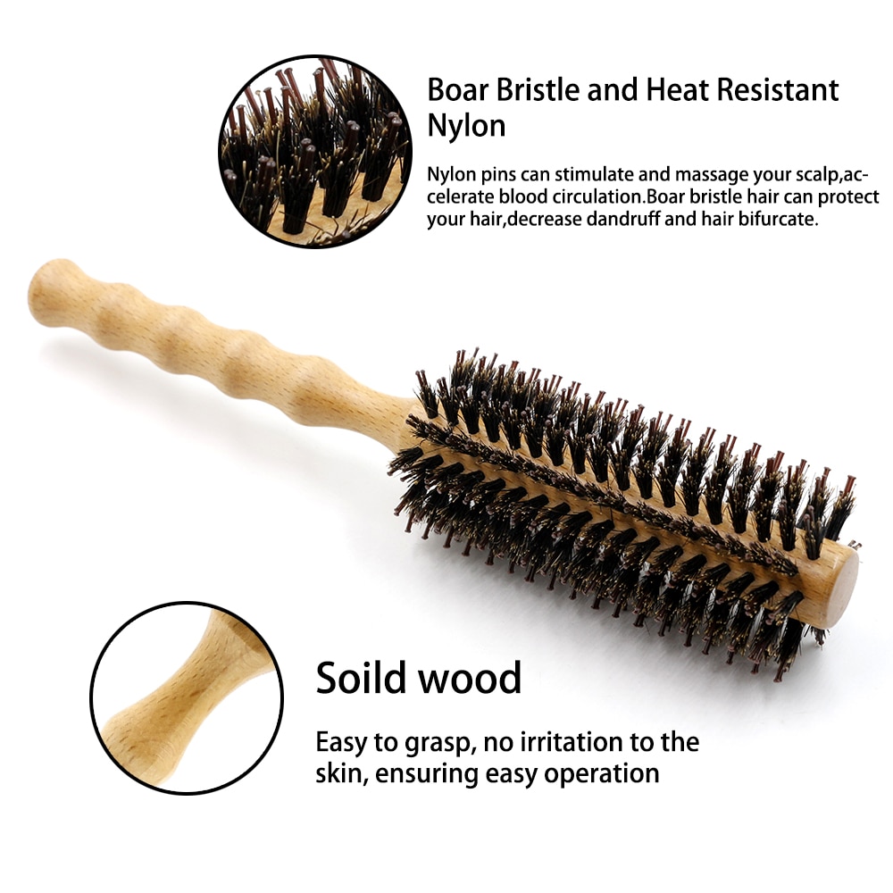 Vildsvinehår rund træbørste hår glatning og krølling kam til frisør værktøj 3 størrelser tilgængelige