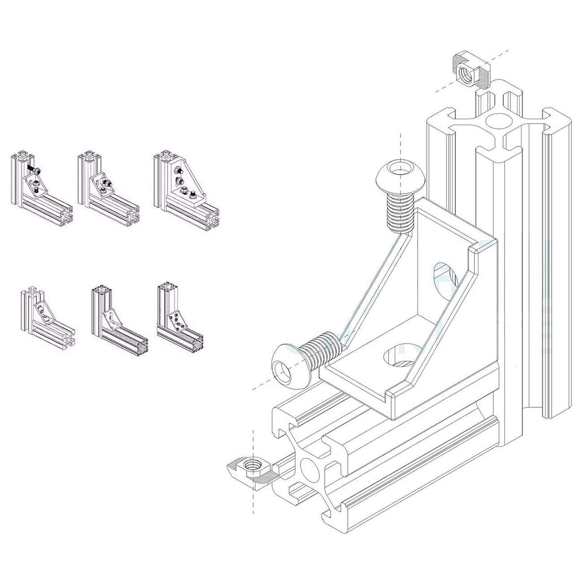 Cnim-sarjan alumiiniprofiililiitinsarja , 20 kpl kulmakiinnike ,40 kpl  m5 x 10mm t-uramutterit , 40 kpl  m5 x 10mm kuusiohylsy