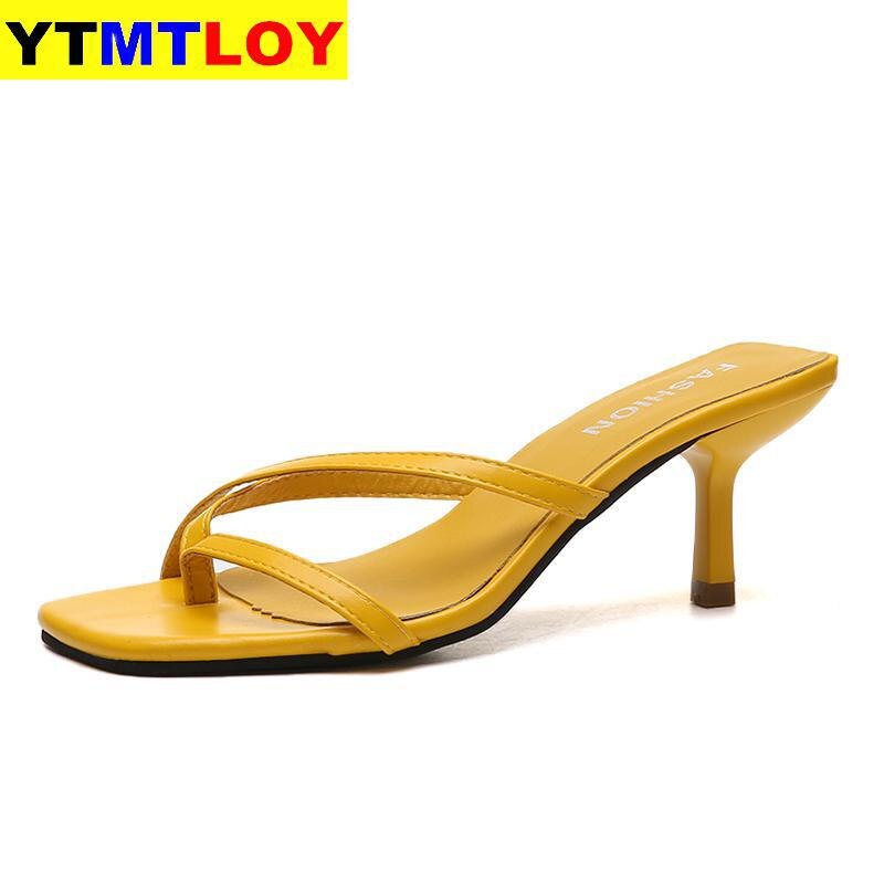 Sommer Frauen Sandalen Schmale Band Jahrgang Kappe hoch Fersen Schnalle Ferse Schuhe lässig Gladiator offen Rom Gelb: Gelb / 35
