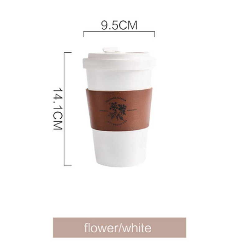 400ml keramiske kaffekrus te kopper store rejsekrus camping krus kaffekop med isoleret læder  zm821: Blomst hvidt låg